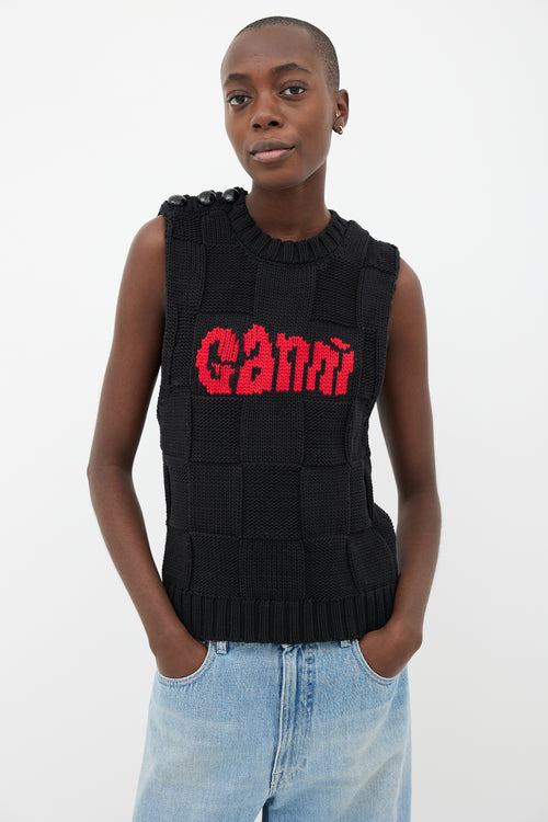 Ganni Black Check 
Red Logo Sweater Vest