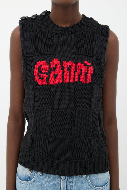 Ganni Black Check 
Red Logo Sweater Vest