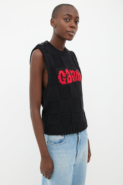 Ganni Black Check 
Red Logo Sweater Vest