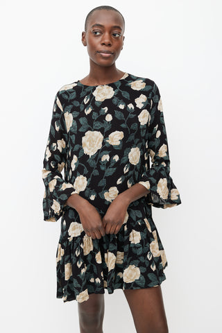 Ganni Black, Beige 
Green Floral Print Mini Dress