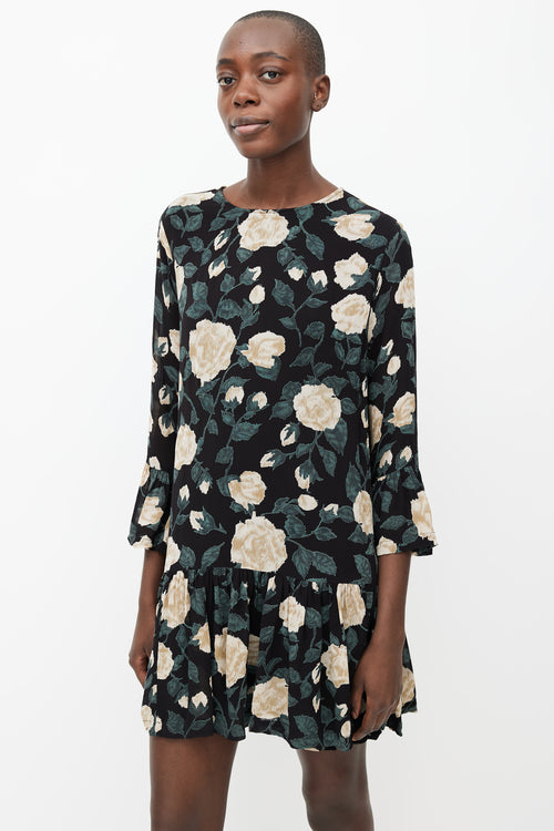 Ganni Black, Beige 
Green Floral Print Mini Dress