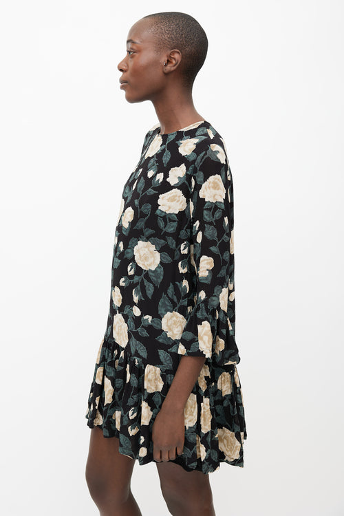 Ganni Black, Beige 
Green Floral Print Mini Dress