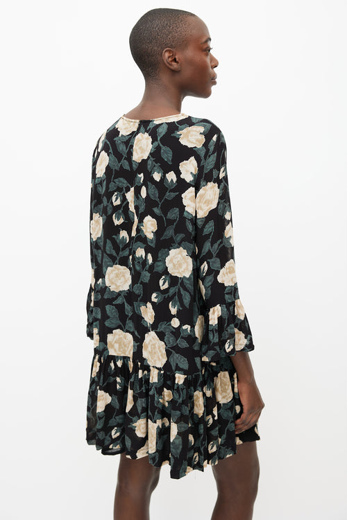 Ganni Black, Beige 
Green Floral Print Mini Dress