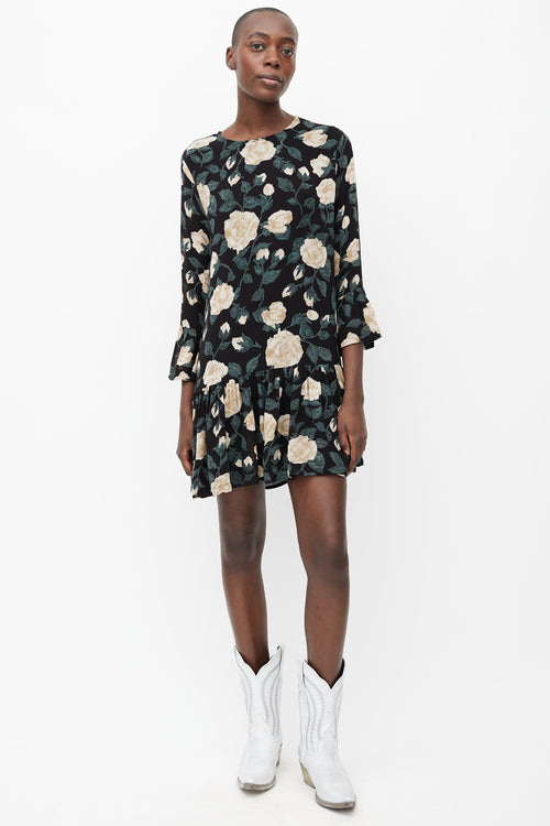 Ganni Black, Beige 
Green Floral Print Mini Dress