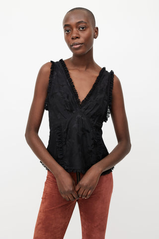 Ganni Black Print Ruffled Silk Top