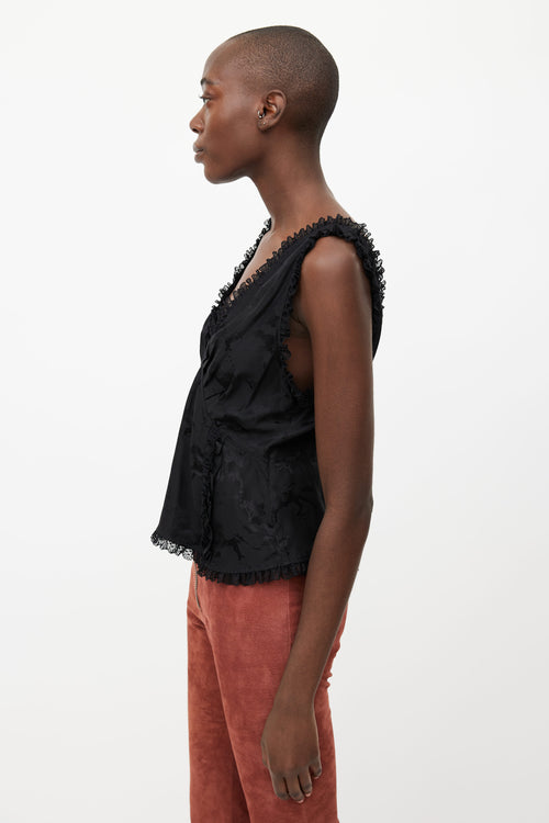 Ganni Black Print Ruffled Silk Top