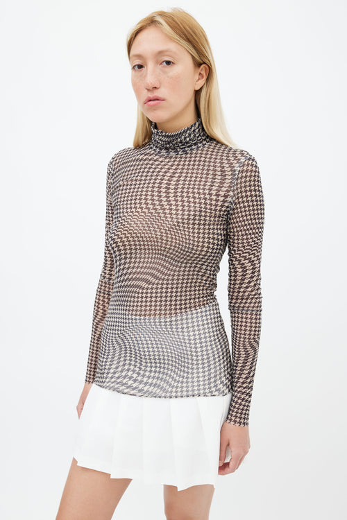 Ganni Black 
Cream Houndstooth Pattern Long Sleeve Turtleneck