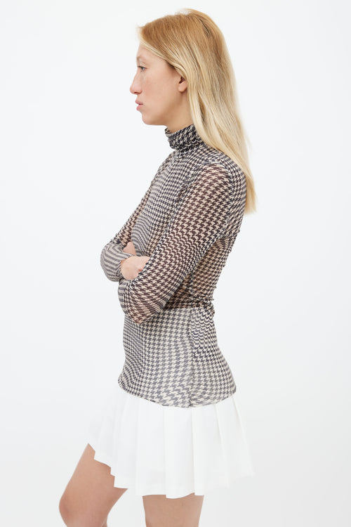 Ganni Black 
Cream Houndstooth Pattern Long Sleeve Turtleneck