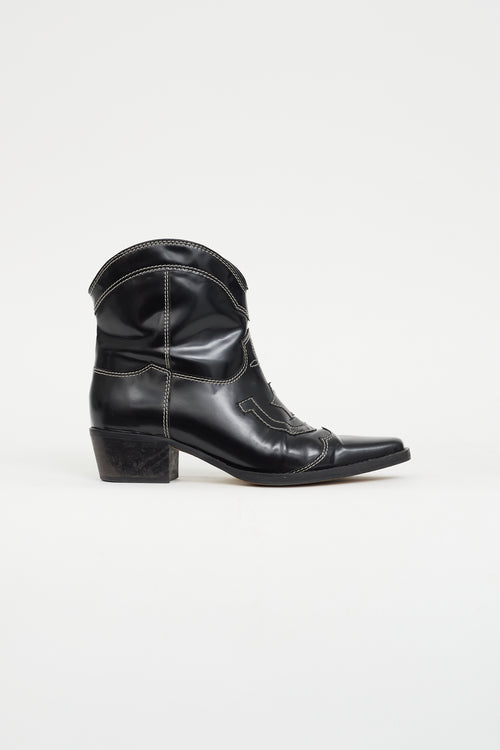 Ganni Black Leather Embroidered Western Boot