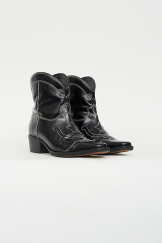 Ganni Black Leather Embroidered Western Boot