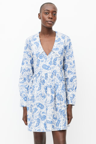 Ganni White 
Blue Cotton Paisley Mini Dress