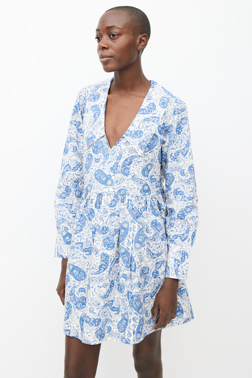 Ganni White 
Blue Cotton Paisley Mini Dress