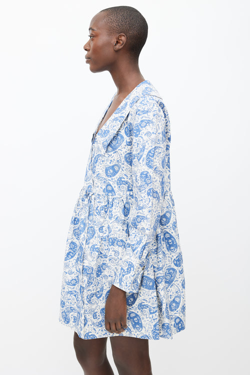 Ganni White 
Blue Cotton Paisley Mini Dress