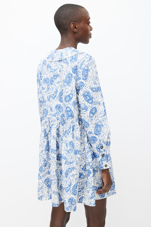 Ganni White 
Blue Cotton Paisley Mini Dress