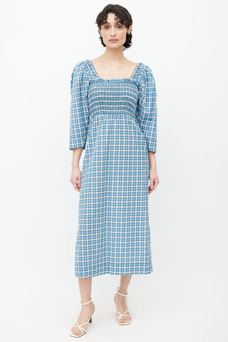 Ganni Blue 
White Plaid Smocked Midi Dress