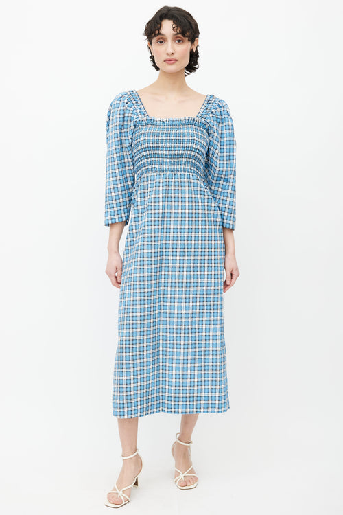 Ganni Blue 
White Plaid Smocked Midi Dress