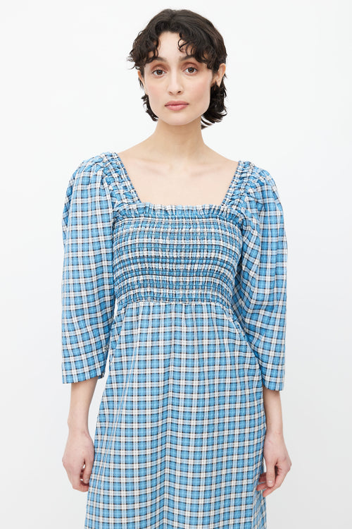 Ganni Blue 
White Plaid Smocked Midi Dress