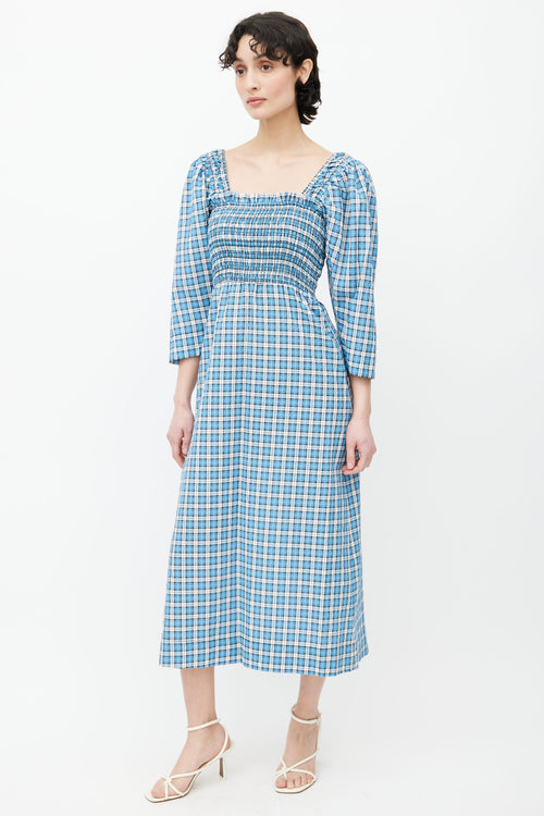 Ganni Blue 
White Plaid Smocked Midi Dress