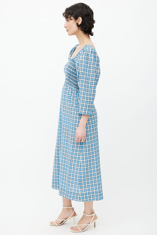 Ganni Blue 
White Plaid Smocked Midi Dress