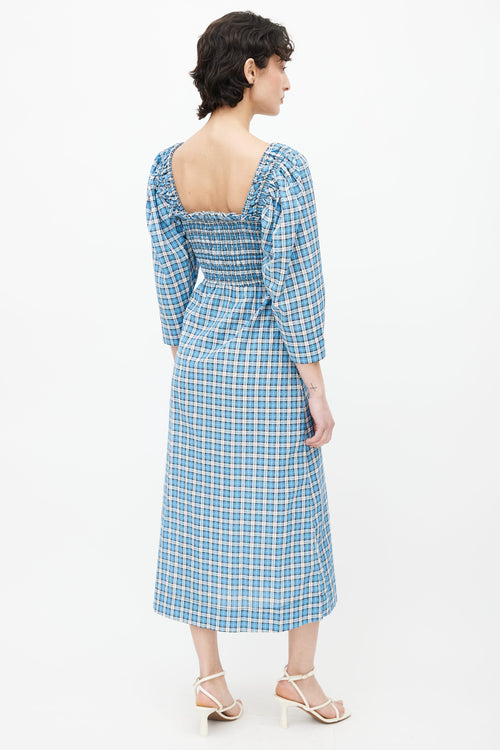 Ganni Blue 
White Plaid Smocked Midi Dress