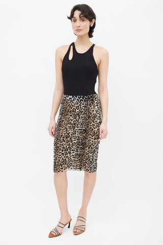 Ganni Brown 
Black Printed Pattern Ruched Pencil Skirt