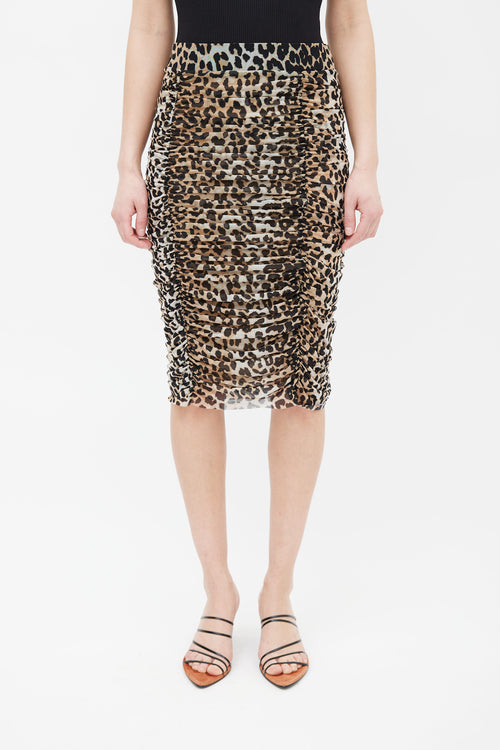 Ganni Brown 
Black Printed Pattern Ruched Pencil Skirt