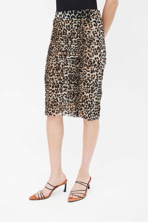 Ganni Brown 
Black Printed Pattern Ruched Pencil Skirt