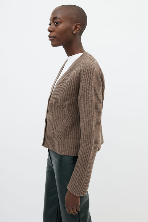 Ganni Brown Ribbed V-Neck Cardigan