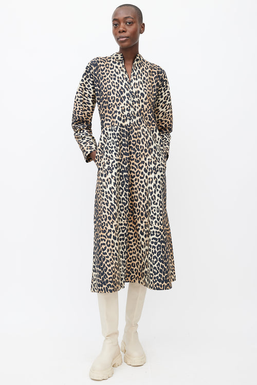 Ganni Brown 
Black Printed Pattern Long Sleeves Dress