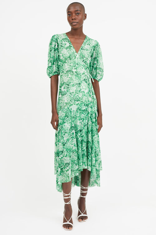 Ganni Green Floral Wrap  Dress