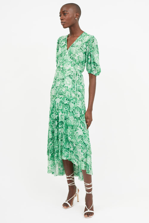 Ganni Green Floral Wrap  Dress