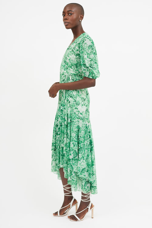 Ganni Green Floral Wrap  Dress