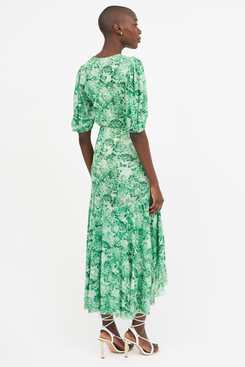 Ganni Green Floral Wrap  Dress