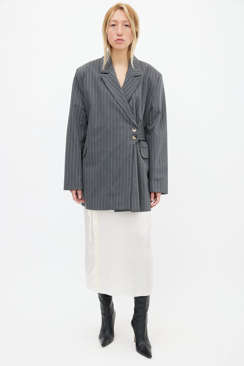 Ganni Grey Asymmetrical Pinstripe Belted Blazer