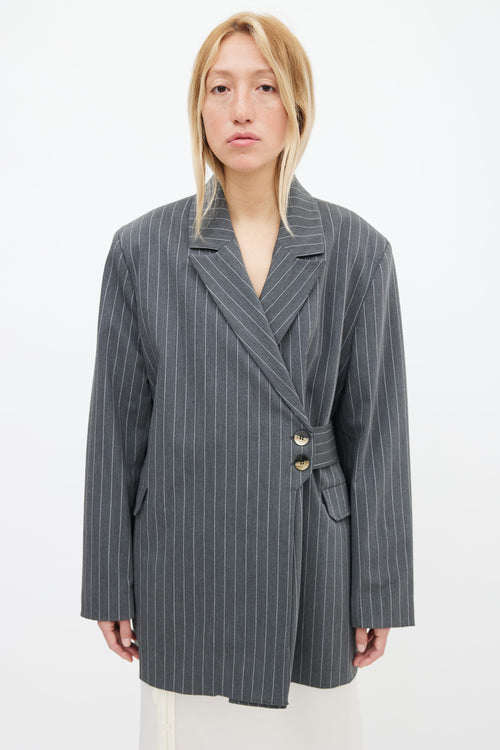 Ganni Grey Asymmetrical Pinstripe Belted Blazer