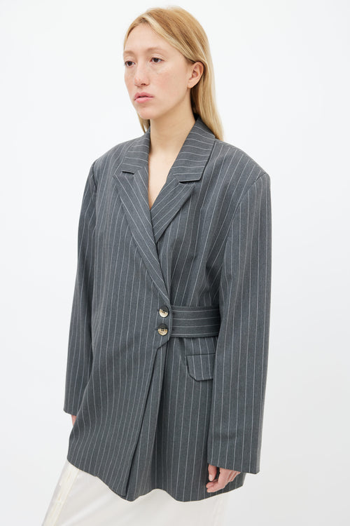 Ganni Grey Asymmetrical Pinstripe Belted Blazer