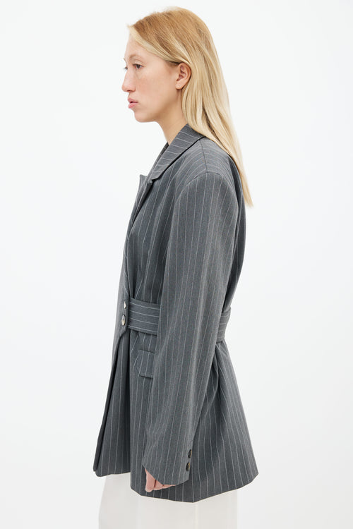 Ganni Grey Asymmetrical Pinstripe Belted Blazer