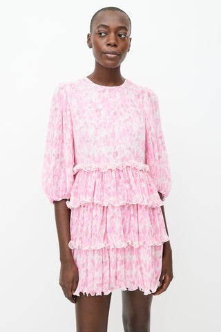 Ganni Pink 
White Abstract Pleated 
Ruffle Mini Dress