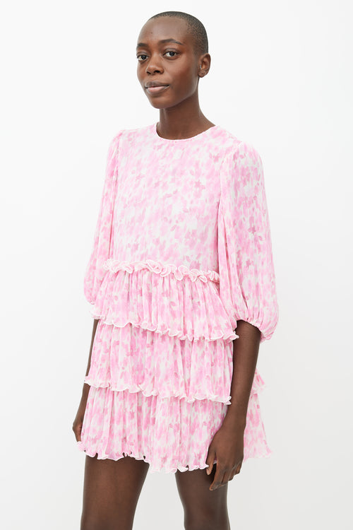 Ganni Pink 
White Abstract Pleated 
Ruffle Mini Dress