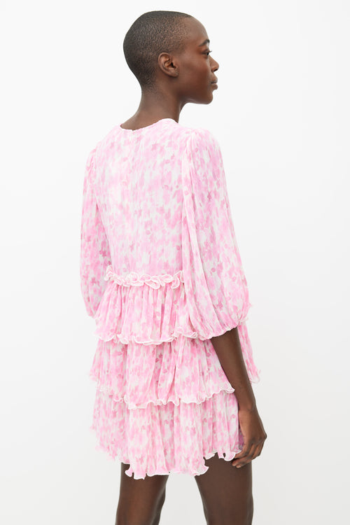 Ganni Pink 
White Abstract Pleated 
Ruffle Mini Dress