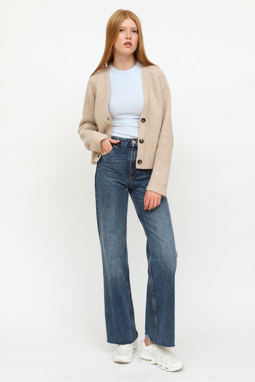 Ganni Beige Wool Ribbed Cardigan Sweater