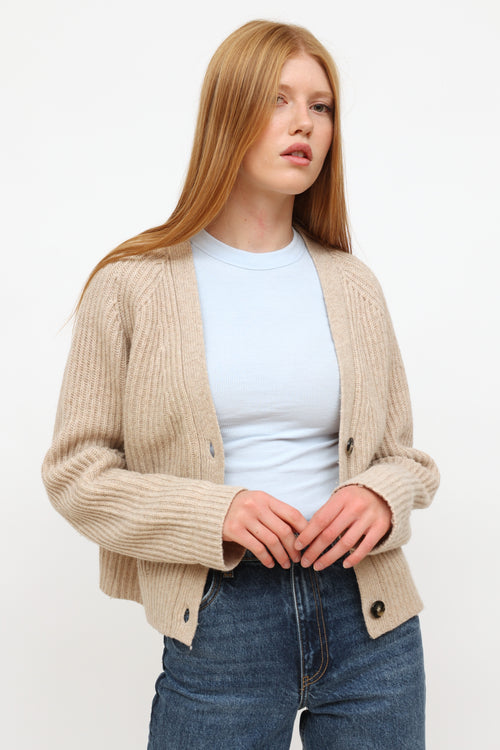 Ganni Beige Wool Ribbed Cardigan Sweater