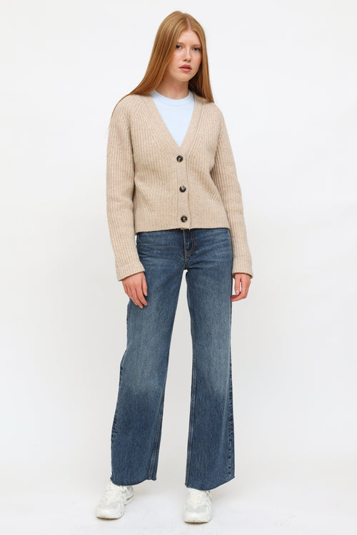 Ganni Beige Wool Ribbed Cardigan Sweater