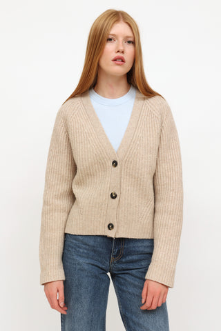 Ganni Beige Wool Ribbed Cardigan Sweater