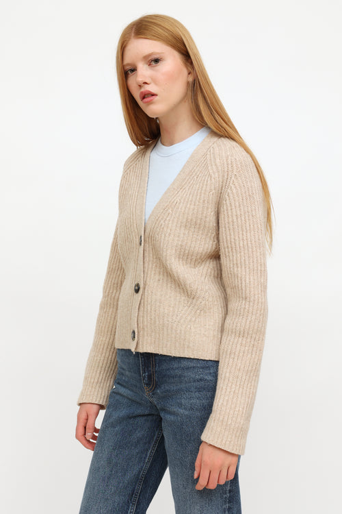 Ganni Beige Wool Ribbed Cardigan Sweater