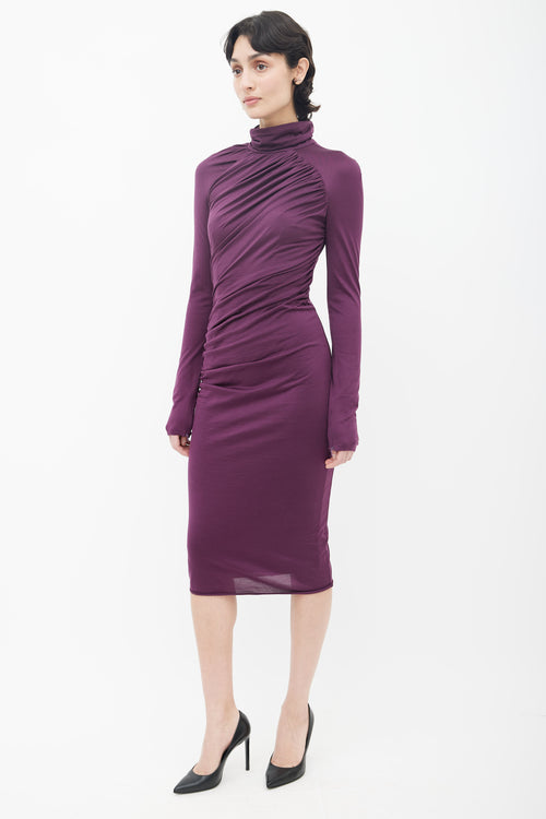 Giambattista Valli Purple Gather High Neck Long Sleeve Dress