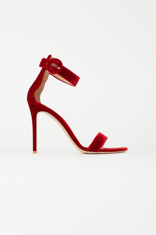 Gianvito Rossi Red Velvet Ankle Strap Sandal Heel