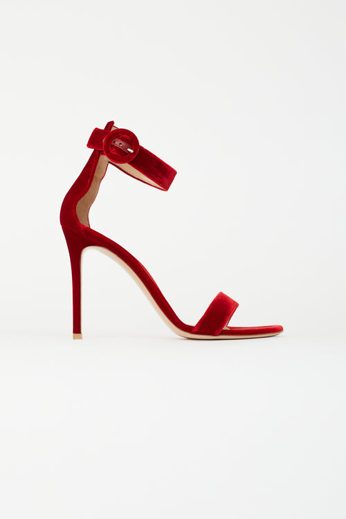 Gianvito Rossi Red Velvet Ankle Strap Sandal Heel