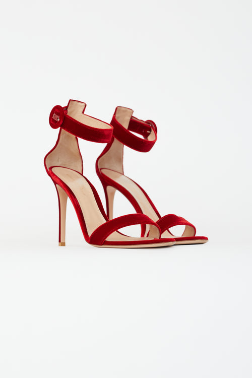 Gianvito Rossi Red Velvet Ankle Strap Sandal Heel