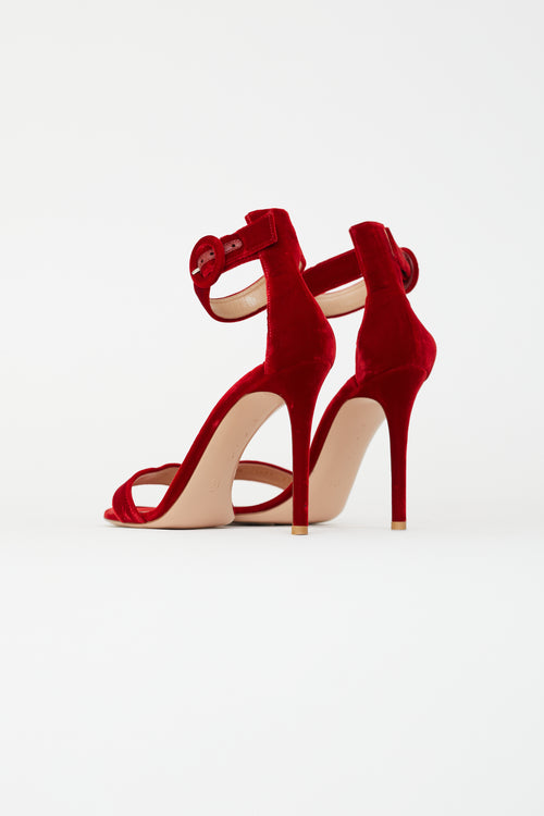 Gianvito Rossi Red Velvet Ankle Strap Sandal Heel